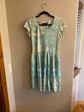 Peruvian Connection Aqua and White Floral Scoop-Neck Dress